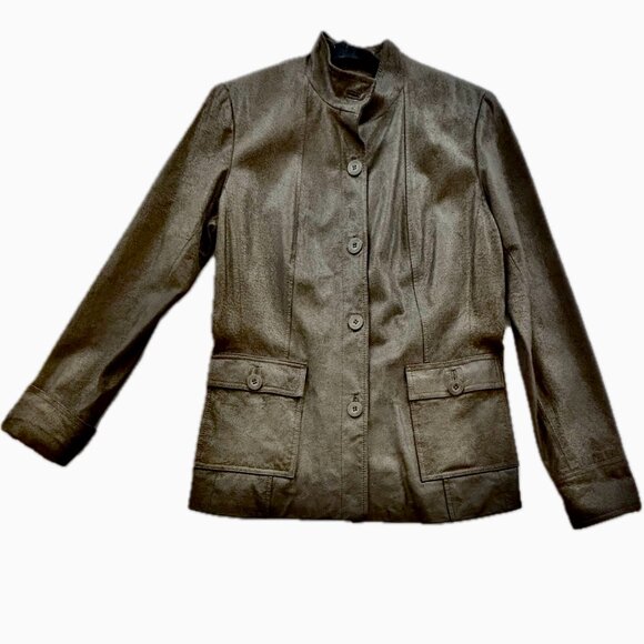 😊Alfani Leather Coat Brown Bronze Lined Jacket Zip Sleeves Pockets Womens Sz M - Picture 15 of 15
